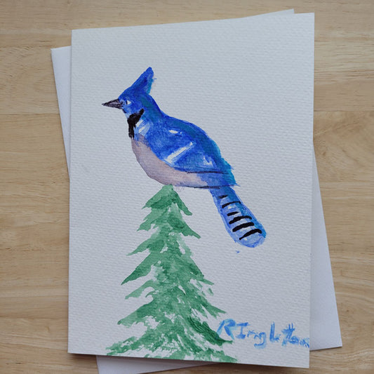 Hand Painted 5x7 Card - "A Happy Bluejay"