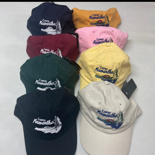 Adult-sized ball caps shown in Navy, Burgundy, Forest Green, Black, Mango, Pink, Yellow, and Stone. 