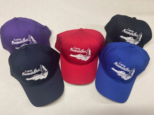 Youth-sized Structured Ball Caps shown in Purple, Navy, Red, Black, and Royal Blue. 