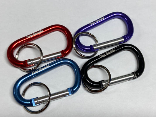 Carabiners with key rings shown in red, blue, black, and purple.