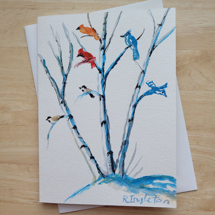 Hand Painted 5x7 Card - "Winter Birds in the Birches"