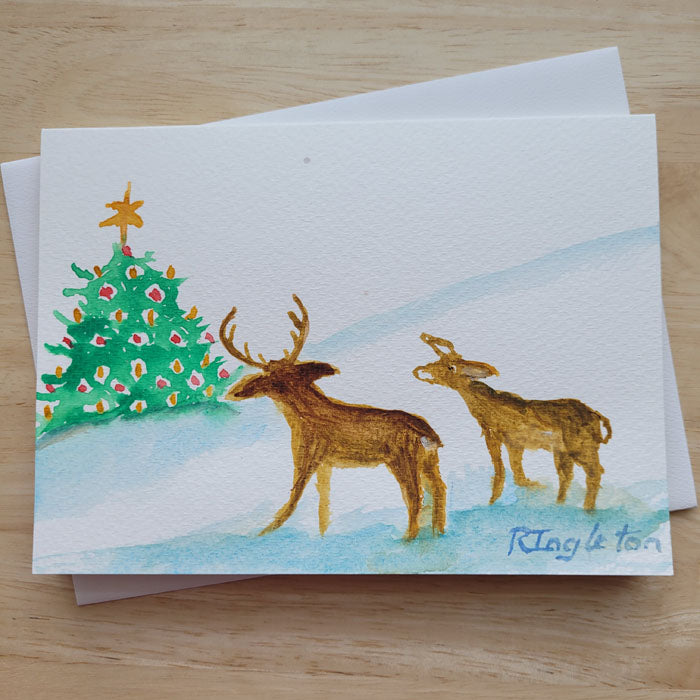 Hand Painted 5x7 Card - "Curious about the Christmas Tree"
