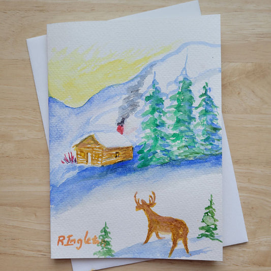 Hand Painted 5x7 Card - "A Curious Christmas Visitor"