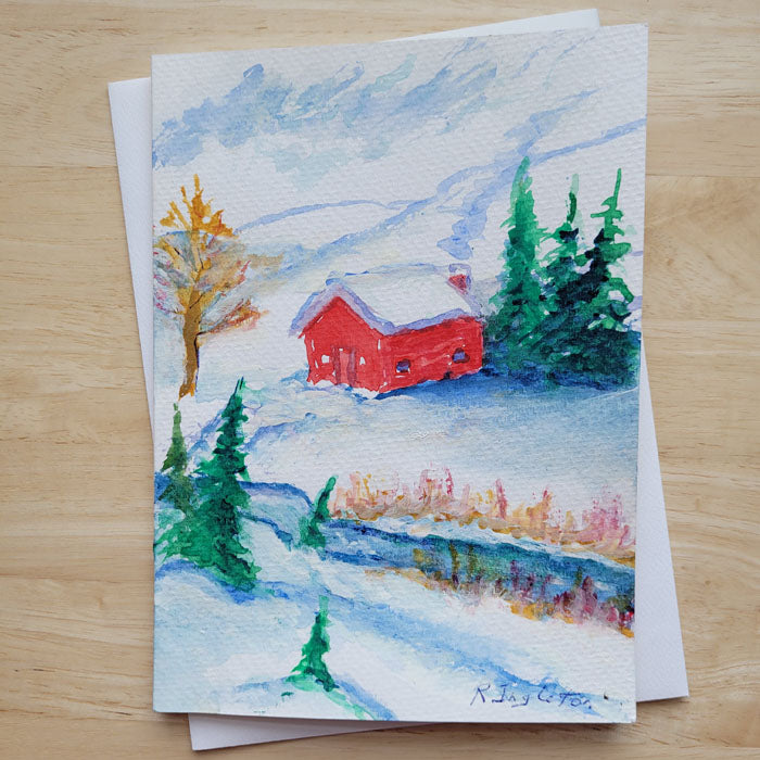 Hand Painted 5x7 Card - "In a Snug Cabin for Christmas"
